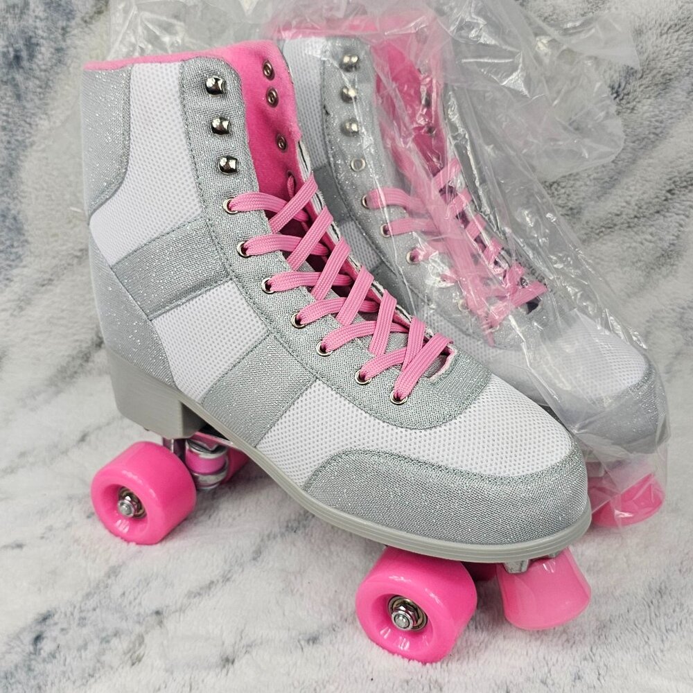 Dolls Kill Size 14 Women's Pink Glitter Gray White Quad Roller Skates Cosmic NEW